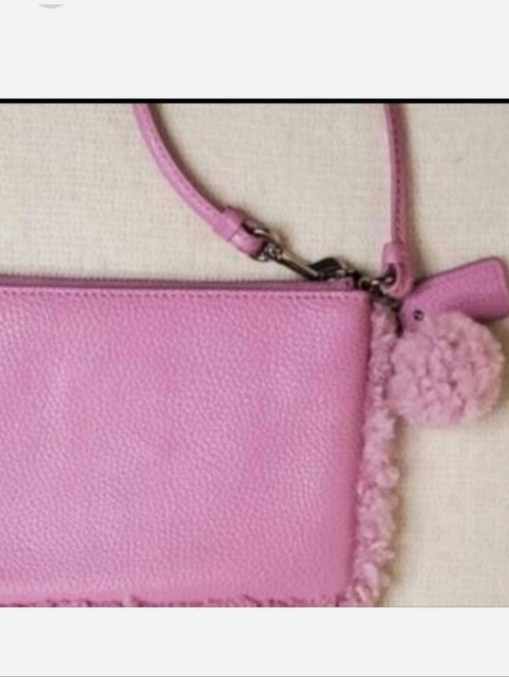 Coach Pink Teddy Bear Shearling-Trim Leather Mini Handbag Wristlet with Pompom - Picture 3 of 5